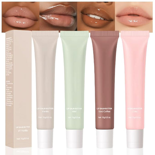 4Pcs Summer Butter Lip Balm Lip Gloss, Ultra-Hydrating Natural Vegan Lip Balm, Sheer-Tinted Shine & Hydration, Soothes & Softens Dry Lips Skincare, Bálsamo labial hidratante (#1+2#+3#+4#)