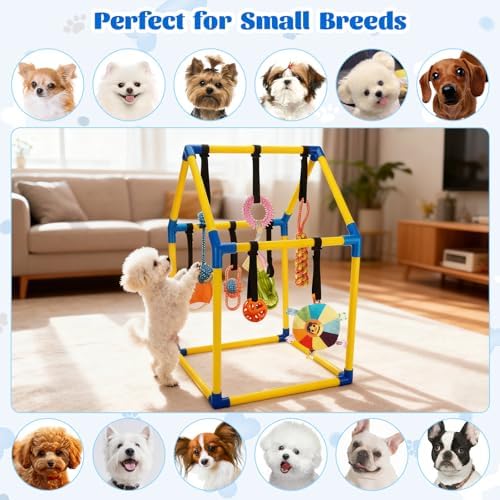 Puppy Play Gym with 9 Hanging Toys, Interactive Dog Enrichment Playground, Removable Indoor Training Activity Center for Puppies & Small Dogs, Adjustable PVC Frame, Teething & Squeaky Toys Included