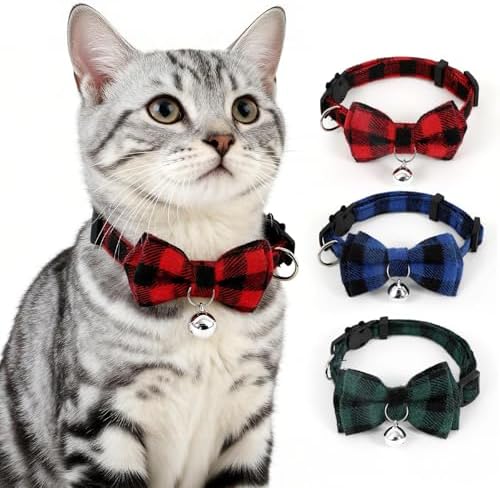 Plaid Breakaway Cat Collar with Bell & Removable Bow Tie – Cotton Kitten Collar with Bells for Boy Cats or Small Dogs. Adjustable Size 7.5-12.2in (1, Red)