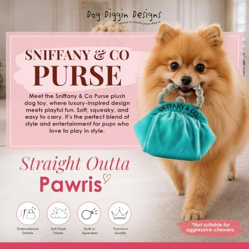 Diggin Designs Sniffany & Co Squeaky Plush Dog Toy Purse | Luxury-Inspired Parody Designer Handbag with Built-in Squeaker, Soft Plush Fashion Dog Toy – Haute Couture Purses & Handbags
