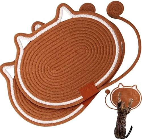Cat Scratcher Mat Natural Cotton Rope Oval Horizontal Floor Cat Scratch Bed Pad with Ball Toy Protector for Furniture Floor Wall (Brown, 2 PC)