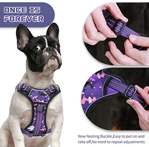 No Pull Dog Harness for Small Dogs, Adjustable No Choke Pet Vest with Dog Leash Fit Smart Reflective Pet Walking Harness for Training Easy Control Soft Handle Purple Camo S
