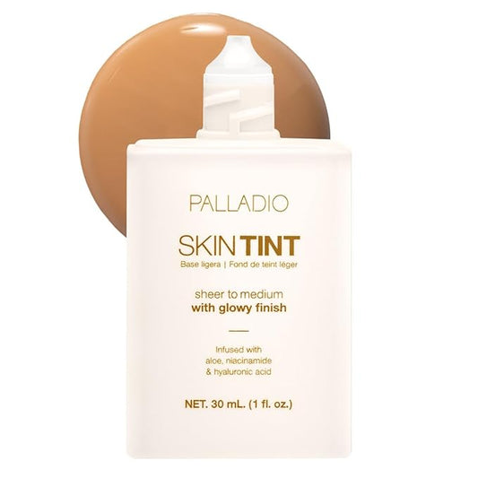 Palladio Skin Tint with Aloe, Niacinamide and Hyaluronic Acid, Sheer to Medium Coverage, Glowy Finish, Brightening and Blurring Lightweight Foundation Makeup (Dark Caramel)
