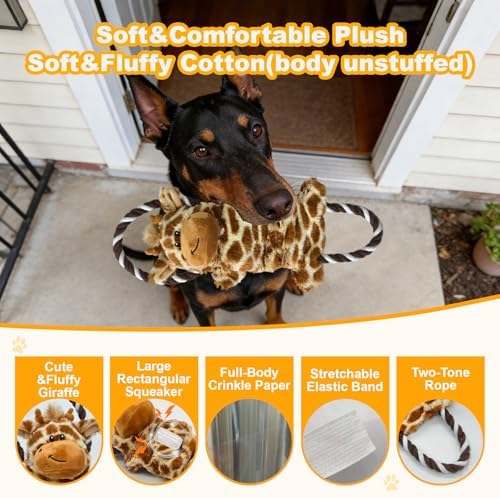 15.55 Inch Giraffe Squeaky Dog Toy with Crinkle Paper & Rope, Plush Chew Toy for Puppy Teething, Interactive Tug of War Toy for Small Medium Large Dogs