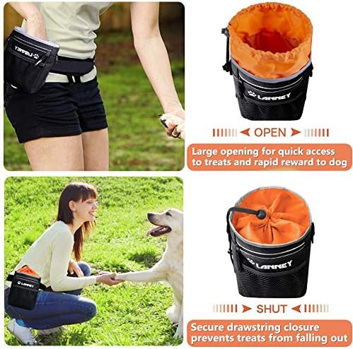 Dog Treat Pouch Pet Training Bag for Small to Large Dogs, Treat Tote Carry Kibble Snacks Toys for Training Reward Walking, Metal Clip, Waist belt, Shoulder Strap, Poop Bag Dispenser, Black with Orange