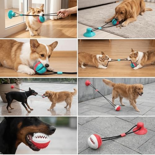 Dog Chew Toys Suction Cup Ball with Bell Interactive, Rubber Molar Teeth Cleaning Ball for Food Dispensing and Tug-of-War Games(Red‑White)