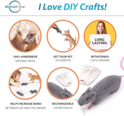 Glaciart One Felt Cat Rat Toy – Soft Fuzzy Enrichment 100% Natural Wool - Interactive Catnip Play Cat Toy Set - Safe for Pets, Non-AZO Colored Dyes