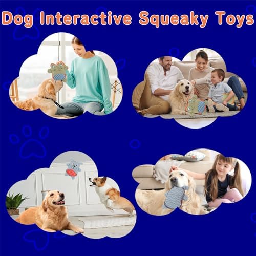 Crinkle Dog Toys Squeaky Plush No Stuffing Cute Puppy Stuffless Tough Rop Pull Toy, Fun Dog Stuffed Animals Durable Chew Set for Small Medium Large Pup (Large, Green Frog+Blue Dog)