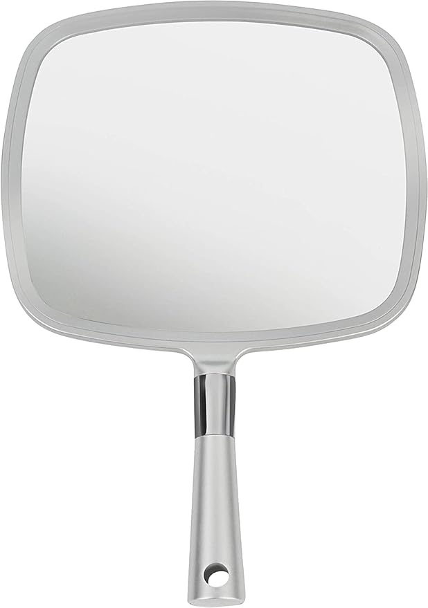 MIRRORVANA Professional Large Hand Mirror with Ergonomic Handle for Men & Women - Premium Handheld Haircut Mirrors for Barber and Salon - 9" x 13" (Elegant Silver Luxe Edition)