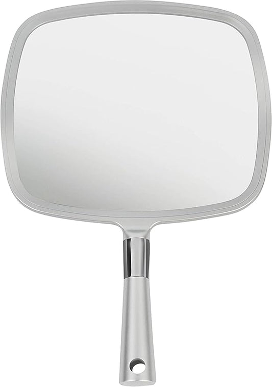 MIRRORVANA Professional Large Hand Mirror with Ergonomic Handle for Men & Women - Premium Handheld Haircut Mirrors for Barber and Salon - 9" x 13" (Elegant Silver Luxe Edition)