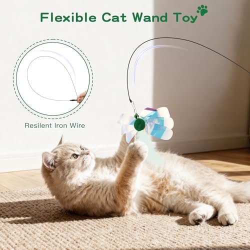 Pawaboo Cat Feather Wand Interactive Toy, 2 Feathers + 1 Wand with Bell