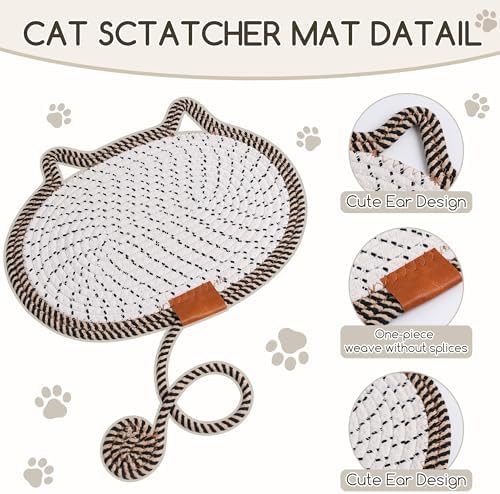 Cat Scratcher Mat Natural Cotton Rope Oval Horizontal Floor Cat Scratch Bed Pad with Ball Toy Protector for Furniture Floor Wall (Brown, 1 PC)