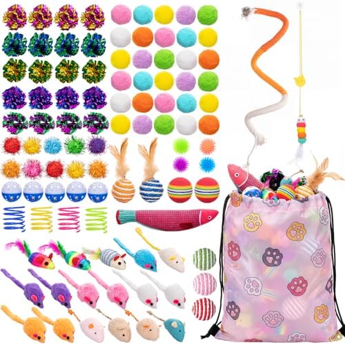 Leitee 100 Pcs Cat Toys Assortment with 1 Gift Storage Bag, Interactive Cat Play Set for Indoor Kitten, Colorful Springs, Mouse Toys, Chew Ropes, Balls, Bells & Sisal Ball