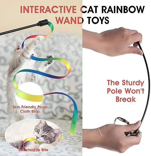 Amaxiu Cat Wand Toy Set, Interactive Cat Wand Toys with Rainbow and Leopard Print Cloth Strings for Small Cats and Kittens - Indoor Training Catcher (6 Packs)
