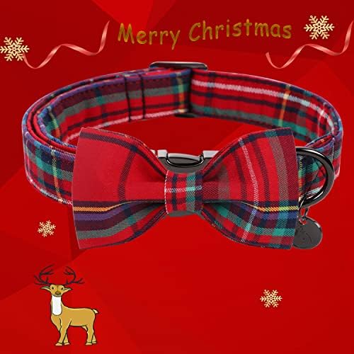 DOGWONG Christmas Dog Collar with Bow tie, Red Plaid Dog Collar Soft Durable Adjustable Cotton Red Tartan Gingham Puppy Collar for Small Medium Large Dog