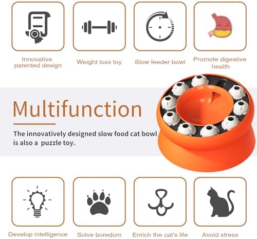 Interactive Cat Puzzle Feeder, Cat Puzzle Toy Treat Dispenser Kitten, Enrichment Toys for Indoor Cats, Slow Feeder Treat Puzzle Toys Cats Stimulation Toys(Orange)