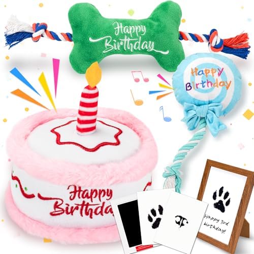 LECHONG 7Pcs Dog Birthday Toys Gifts, No-Mess Paw Print Keepsake Kit with Squeaky Dog Cake Toy, Plush Crinkle Toy, Pet-Safe Ink Pad & Photo Frame for Small Medium Dogs