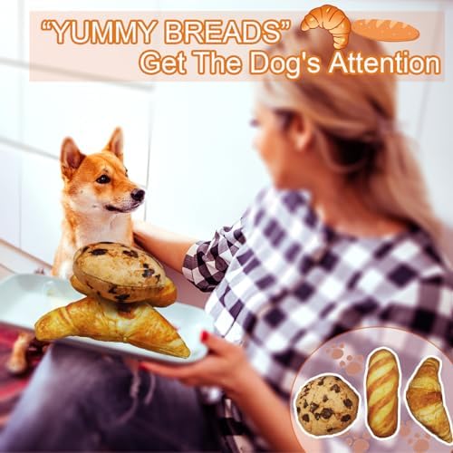 Cute Dog Toys Set,Food Shape Squeaky Plush Toys for Puppy, Cute Stuffed Breads Breakfast Dog Teeth-Cleaning Chew Toy with Squeakers for Puppy Small Medium Dogs (3 Pack)