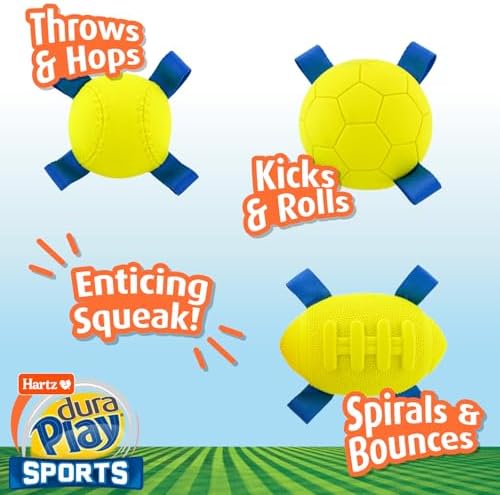 Hartz Dura Play Sports Ball Variety Dog Toy, Bacon Scented Squeaky Latex Yellow & Blue Toy, 3 Count
