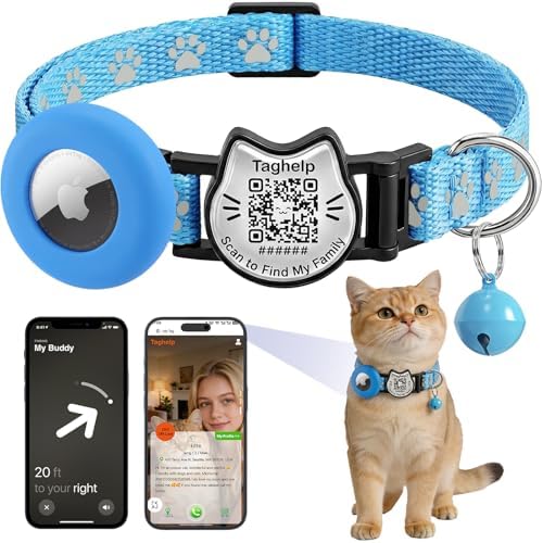 Cat Collar with AirTag Holder, QR Code Tag and Bell (Blue, Paw Pattern)