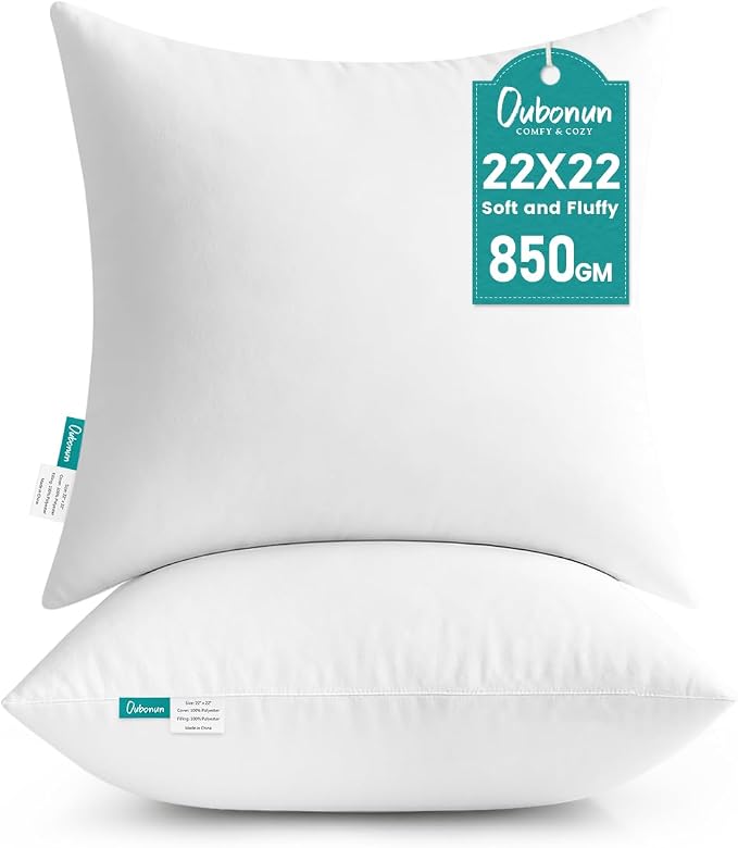 Oubonun 22 x 22 Throw Pillow Inserts | Soft, Plush & Decorative Down Alternative Pillows for Couch Sofa Bed, Machine Washable - White, Pack of 2