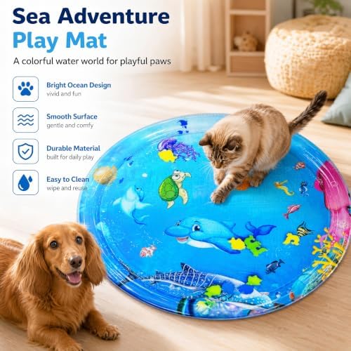 2026 Upgraded Cat Water Mat – 5-Layer Anti-Scratch Leak-Proof Sensory Play Mat for Indoor Cats, BPA-Free Cooling Water Pad, Interactive Enrichment Toy (S15, 100*100CM, 4 Fish + Pump Included)