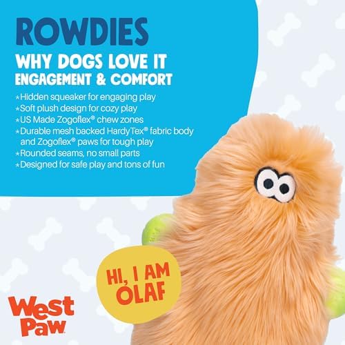 WEST PAW Rowdies Olaf Durable Plush Dog Toy with Reinforced HardyTex Fabric Hand Sewn Seams and Engaging Squeaker for Chewers and Cuddlers - Melon