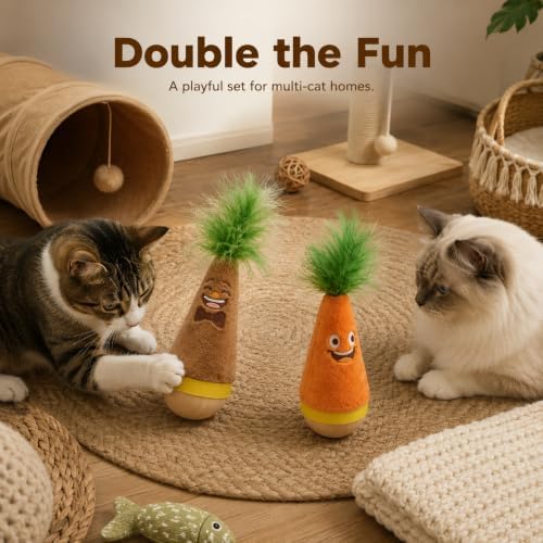 2 Pack Wooden Wobble Plush Feather Cat Toy for Interactive Play