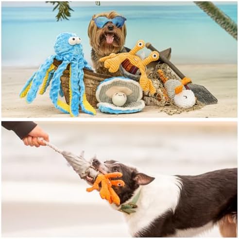 Nocciola Crinkle Squeaky Octopus Dog Toy - Ocean Theme Stuffed Interactive Rope Toys for Small, Medium & Large Dogs, Durable for Aggressive Chewers (Crab)