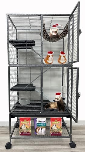 Two Full Story Deluxe Double Unit Critter Home Cage Double Durable Front Doors Safety Lock Tight 1/2-inch Wire Spacing for Feisty Ferret Hammock Chinchilla Cat Rat Gerbil Sugar Glider On Wheels