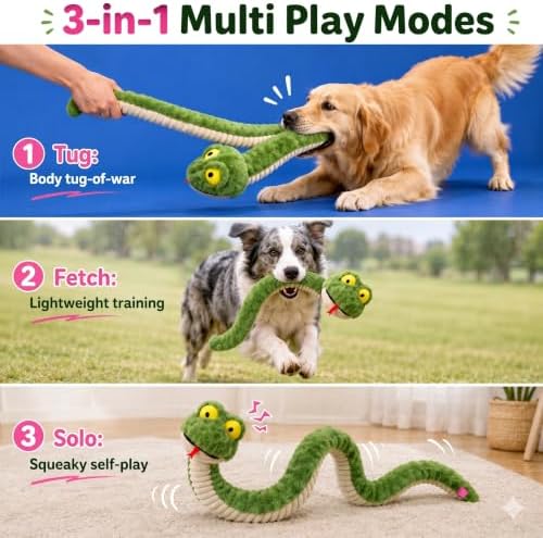 Squeaky Dog Plush Chew Toy, Interactive Tug Squeaky Toy for Chewers, Medium & Large Dogs & Fetch Play, 39.4In Stuffed Silly Snake Toy with Elastic Stretchable Body for Gentle Gum Care & Boredom Relief