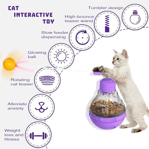 Cat Interactive Toy, Slow Food Dispenser Feeder, Tumbler Design with Teaser Wand & Glowing Ball, Funny Kitten Treats for Indoor Cats Exercise and Boredom Relief (Purple)
