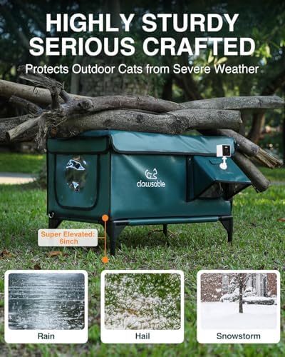 Indestructible Heated Cat House with Pet Camera for Outside Winter, 100% Waterproof, Escape Door, Insulated Outdoor Cat Shelter with Heater for Feral Barn Cat Kitty (Forest Green, 25.5"x16"x18")