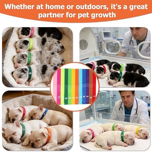 Newborn Puppy Collar Set of 12 with Numbered Tags & Weight Tracker Chart, Soft Adjustable Kitten Collar, Puppy Collars for Litter, Whelping Supplies for Kitten Small Dogs (S/M/L) (M)
