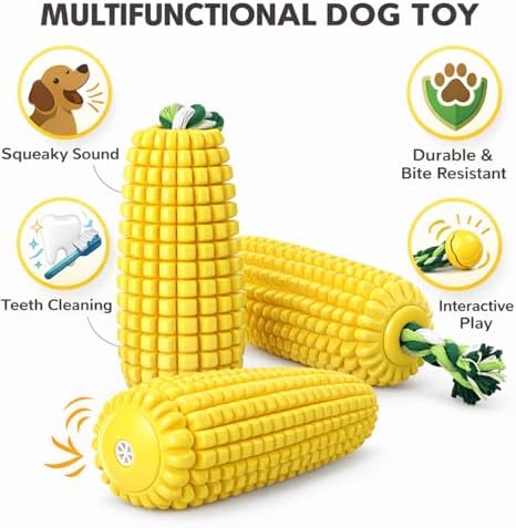 6.3 inch Corn Dog Toys for Aggressive Chewers, Durable Rubber Teething Toys for Puppies, Dog Toys to Keep Them Busy, Squeaky Dog Toy, Bite and Brush Dental Toy for Small Medium and Large Dogs