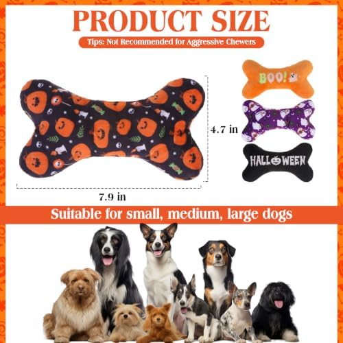 EXPAWLORER 4 Pack Halloween Dog Squeaky Toys,Interactive Plush Bone Toy
