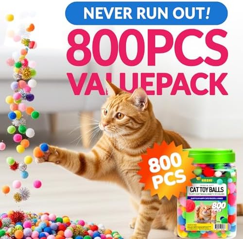 HA SHI [800pcs in Sturdy Jar] Interactive Cat Toy Pom Poms - Small Soft Plush Balls (0.39in-1.2in) for Indoor Kittens, Quiet Night Play, Snuffle & Fetch Toys