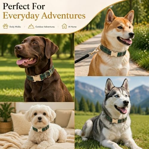 Soft Cotton Dog Collar Classic Plaid Pet Collars with Metal Clasp for Medium Dogs with Sensitive Skin, Forest Green