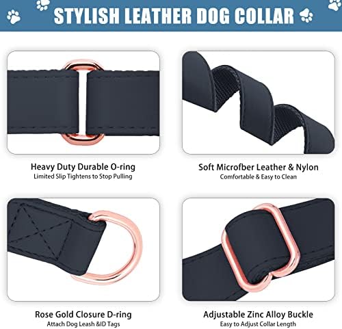 Soft Leather Martingale Dog Collar - Adjustable Rose Gold Limited Slip Collars [Easy to Clean], Stylish Durable Heavy Duty Nylon No Pull Training Collar for Small Medium Large Dogs L Black