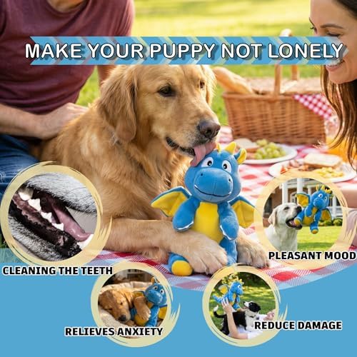 Squeaky Plush Dragon Dog Chew Toy - 8.3‘’X9‘’ Dog Toy for Small/Medium Dogs to Keep Pups Busy，Chewer Dog Toy with Crinkle Paper（Blue）