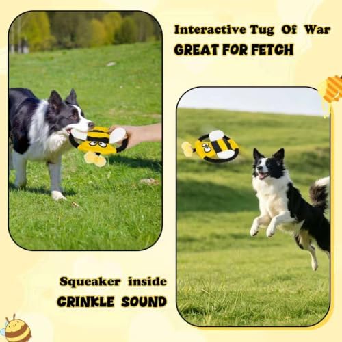 4 Pack Dog Squeaky Toys, Bee Interactive Toys Set, Natural Rope Tug Toy, Crinkle Flying Disc, Tennis Ball ，Puzzle Feeder, Safe Durable Dog Toys for Small Medium Dogs Indoor Outdoor Play