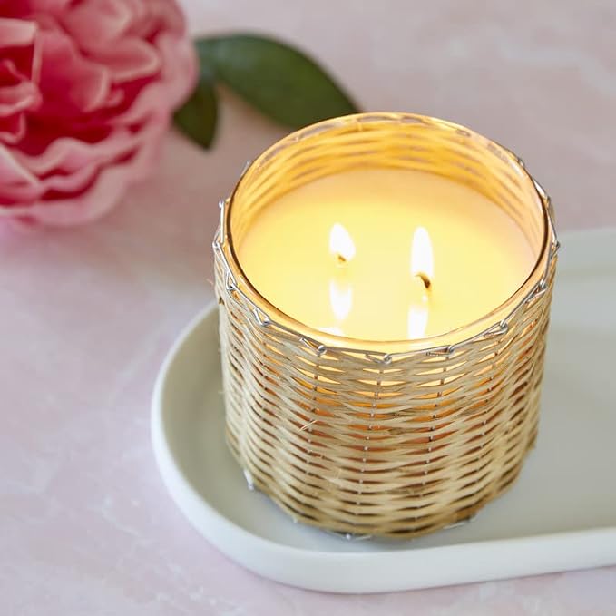 Peony Blush Scented Candle – Luxury 12oz Soy Wax, 2-Wick Handwoven Glass Jar, Sandalwood,Pink Peppercorn with Rose Blooms & Jasmine– Santal Candle, 75+ Hour Clean Burn, USA Made