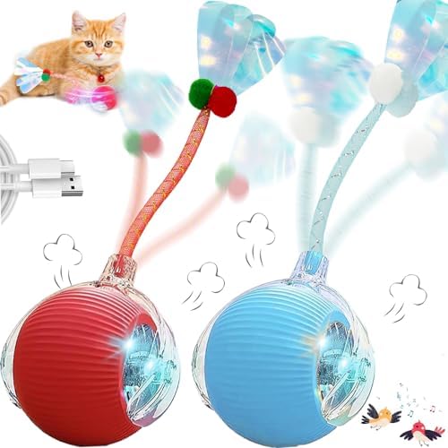 Speedy 2.0 Tail 2 Packs Interactive Cat Toys for Indoor Cats, Automatic Cat Toy with Elastic Mesh Tail, Electric Rolling Ball on Carpet, Chirping and Motion Activate Cat