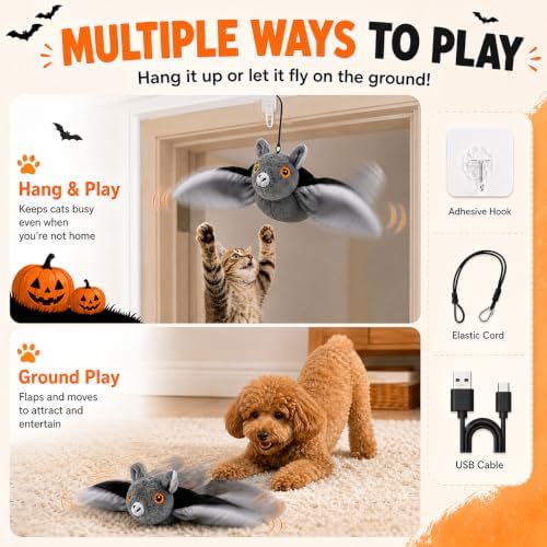 Flying Bat Dog Toy, Flying Bat Toy for Dogs Cats, Flapping Wings Interactive Pet Toy, Realistic Flight Motion and Chirping Sound, Indoor Chase Toy for Exercise, Play and Boredom Relief