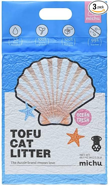 Michu Tofu Cat Litter Natural Clumping Tofu Cat Litter, Fast Clumping and Easily Scoop-able 5.5lb/88oz 5 Scents - Ocean Fresh, 3 Pack