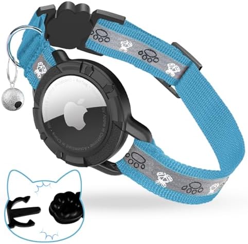 Breakaway AirTag Cat Collar, Reflective Cat Tracker Collar with Bell | Built in AirTag Holder, Adjustable 8.5-12in for Cats, Kittens and Puppies, Safety Elastic Band, Reflective for Night Walking