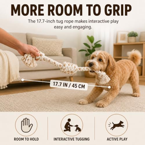4-Pack Dog Rope Toys for Small to Medium Dogs - Variety Set of Natural Cotton Interactive Toys for Puppies - Includes 18" Long Tug Rope with Handle, Knot Ball & Figure-8 - [Not for Aggressive Chewers]