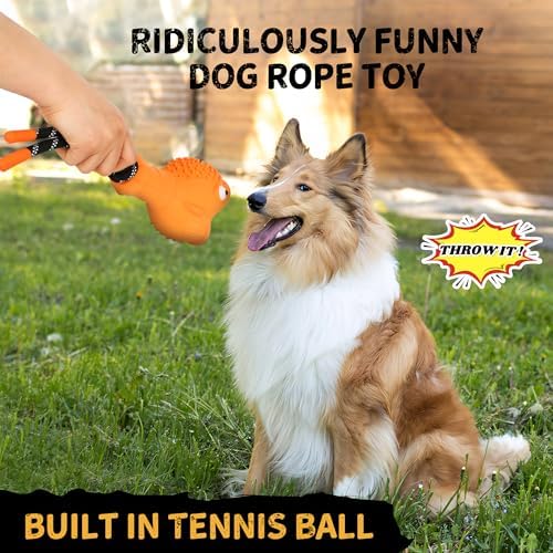 Pufferfish Shape Rubber Dog Toy with Detachable Squeaky Tennis Ball & Rope, Interactive Durable Chew Toys for Dogs, Safe Non-Toxic Material, Clean Teeth Design (Orange)