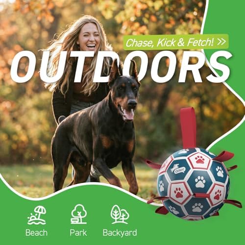 QDAN Large Outdoor Dog Toy, Soccer Ball with Straps, Durable Giant Dog Ball