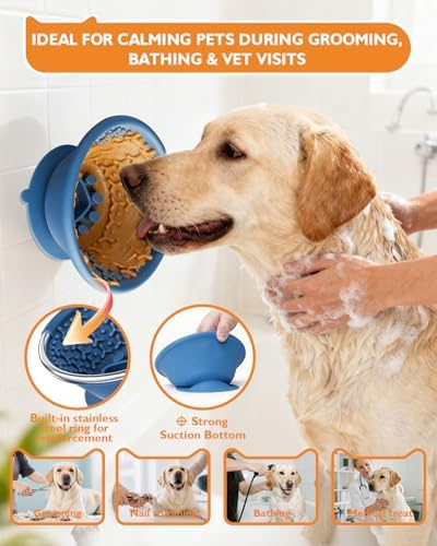 Dog Lick Bowl, Non-Slip Slow Feeder Licking Mat & Treat Dispenser (Wide Bowl Mouth w/Inlaid Stainless Steel Ring) - Interactive Toys, Anxiety Reducer, Freeze Bone for Dogs, BPA Free Silicone